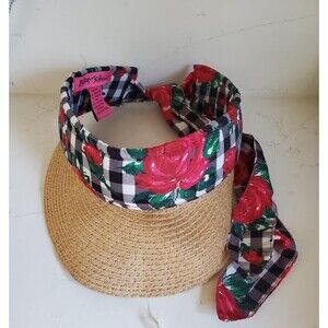 Betsey Johnson Sun Visor Hat  Red Roses Gingham One Size